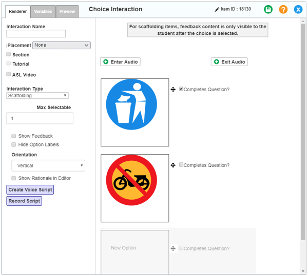 Choice interaction editor window: Scaffolding: Renderer tab